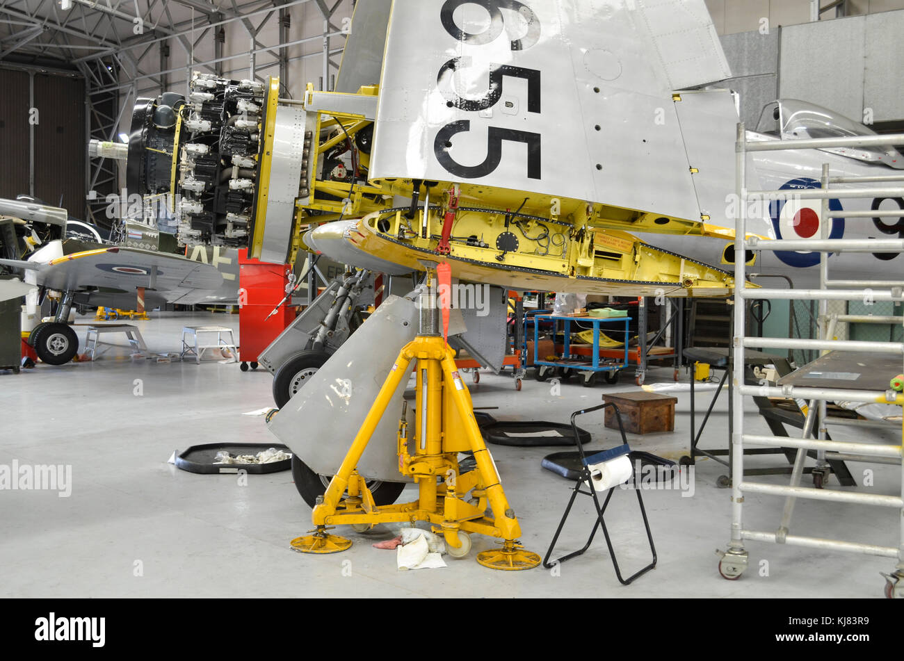 Hawker Sea Fury T.20 undergoing maintenance, Duxford, UK. Stock Photo