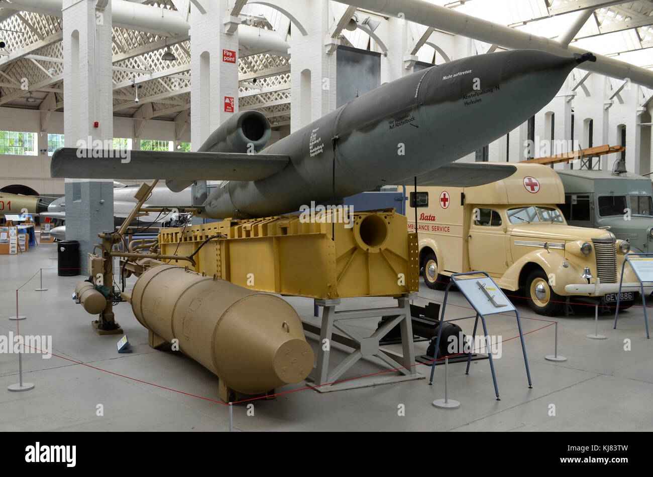 V-1 Flying Bomb with launch ramp, Duxford IWM, UK. The Fieseler Fi 103 or V-1 was also commonly known as the Doodlebug or the Buzz Bomb. Stock Photo