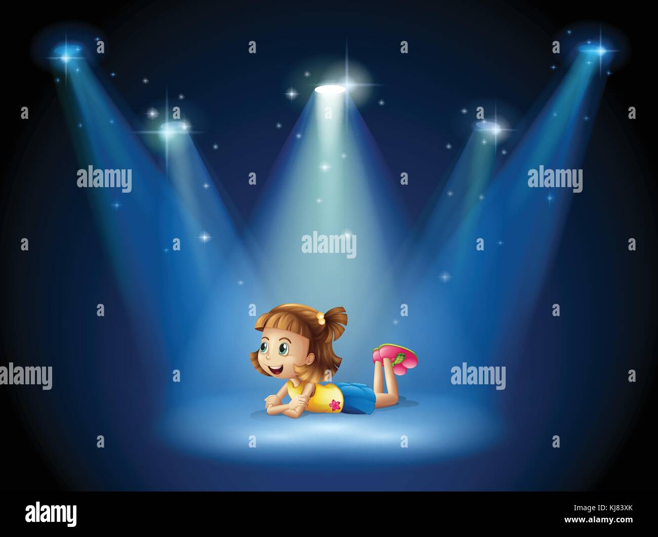 Illustration of a cute little girl at the stage with spotlights Stock