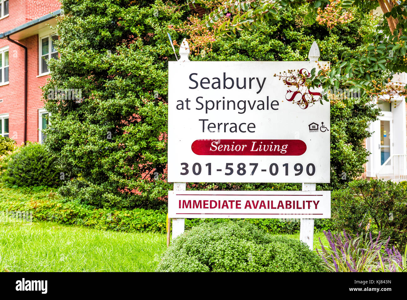 Silver Spring, USA - September 16, 2017: Seabury at Springvale Terrace Senior Living Retirement Center Nursing Home in Maryland city with sign, phone  Stock Photo