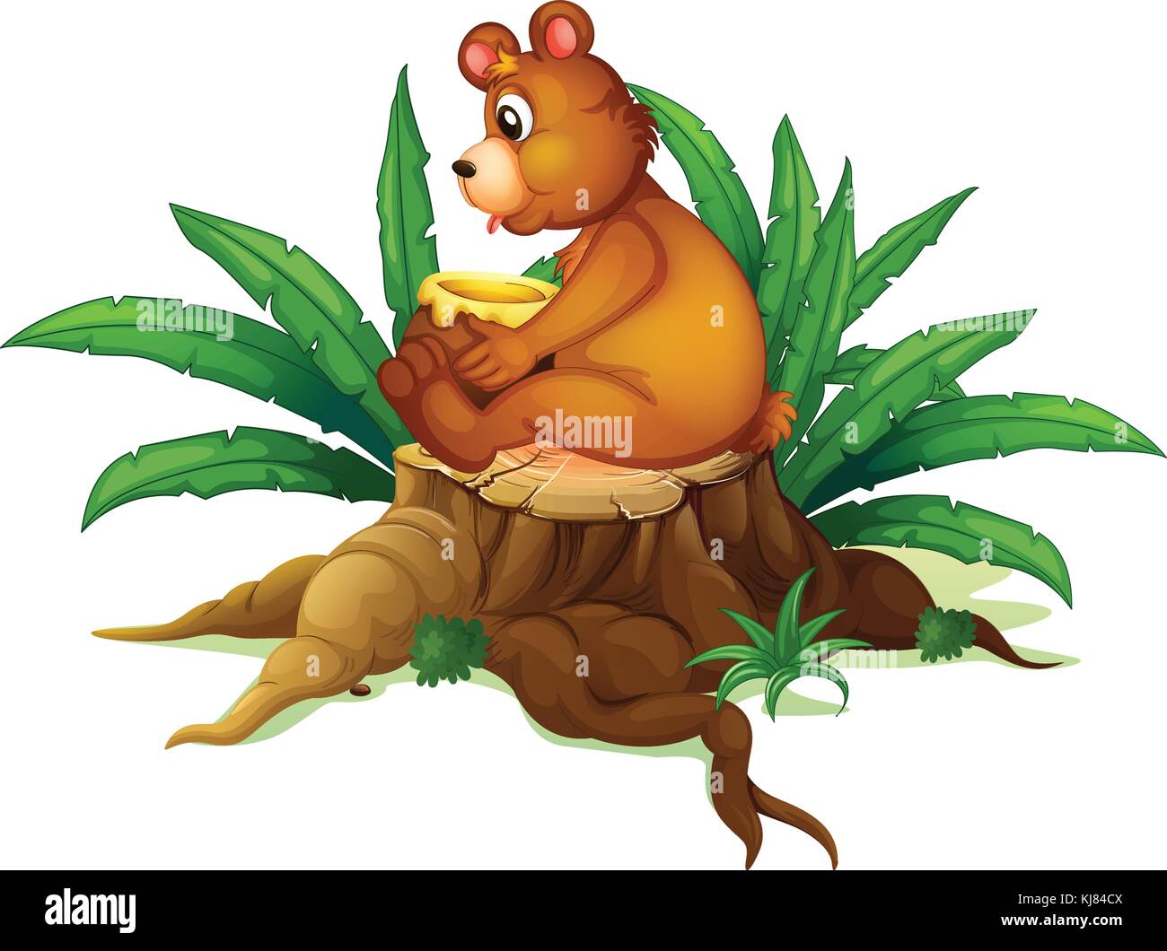 Illustration of a bear sitting on a stump with leaves on a white ...