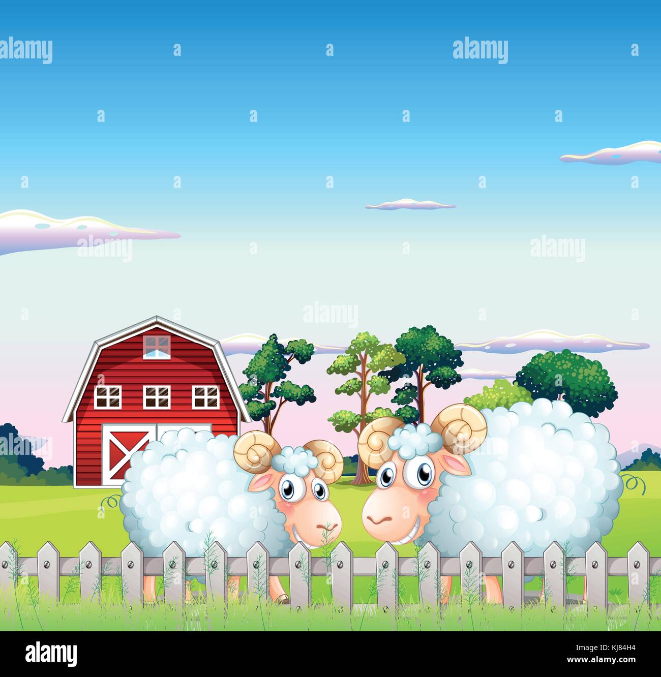 Illustration of the two sheeps inside the fence with a barn at the back ...