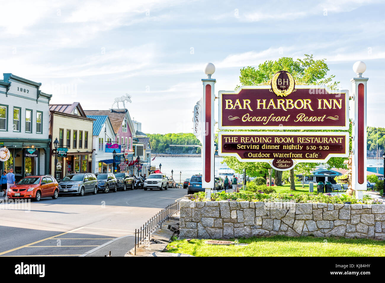 Bar Harbor, USA June 8, 2017 Oceanfront resort inn sign with