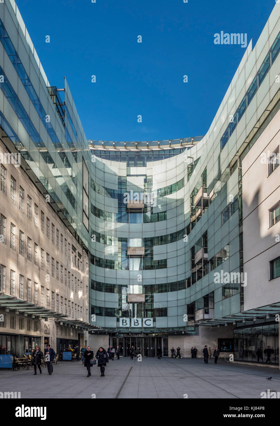 BBC headquarters, a renovated Portland Stone edifice with cutting-edge studios and a public piazza. Portland Place, London, UK Stock Photo