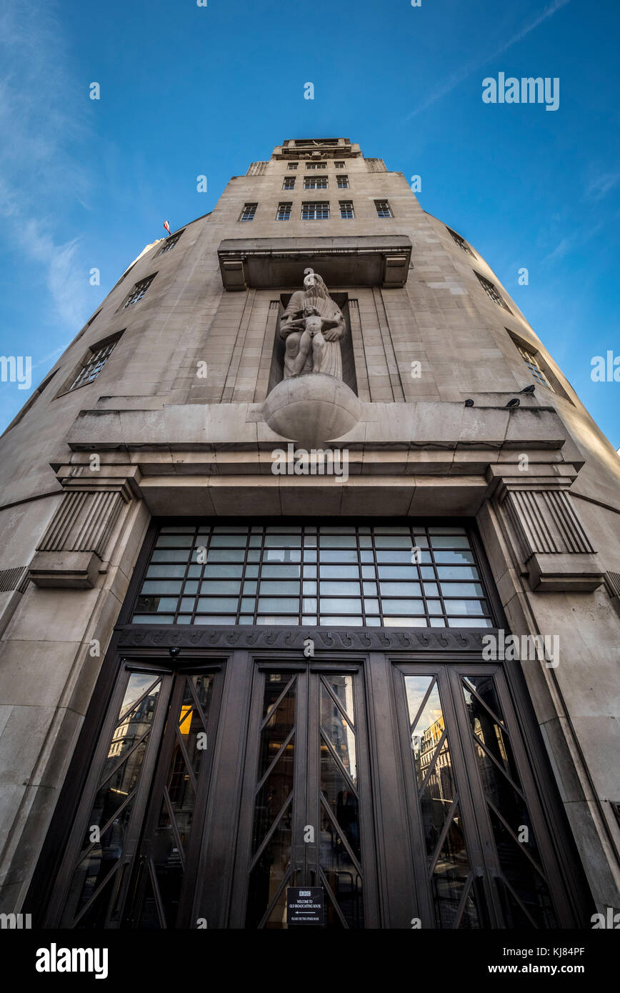 BBC headquarters, a renovated Portland Stone edifice with cutting-edge studios and a public piazza. Portland Place, London, UK Stock Photo