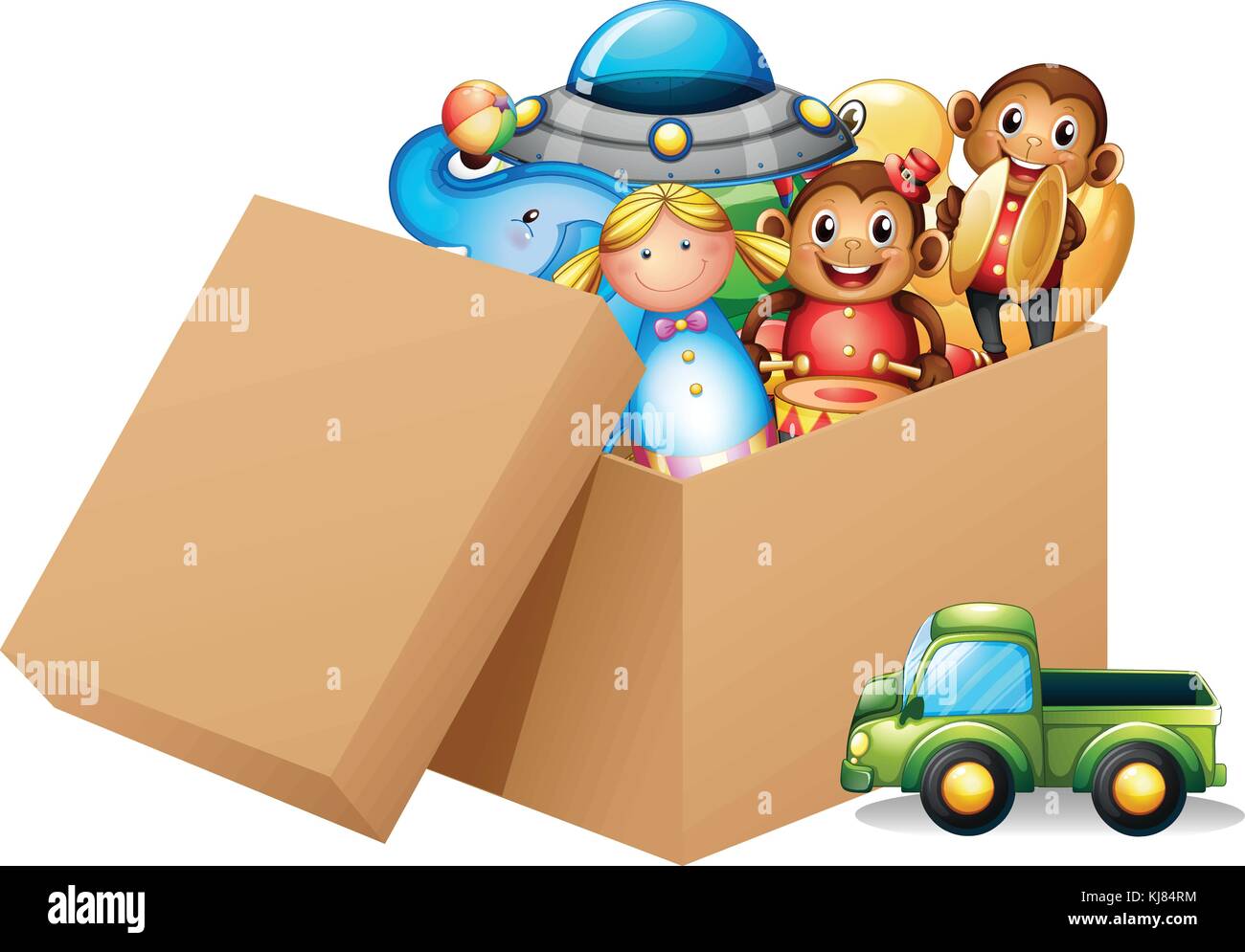 Illustration of a box full of different toys on a white background Stock Vector