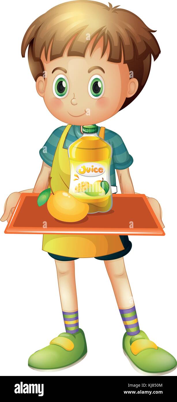 Illustration of a boy holding a tray with mango juice on a white background Stock Vector