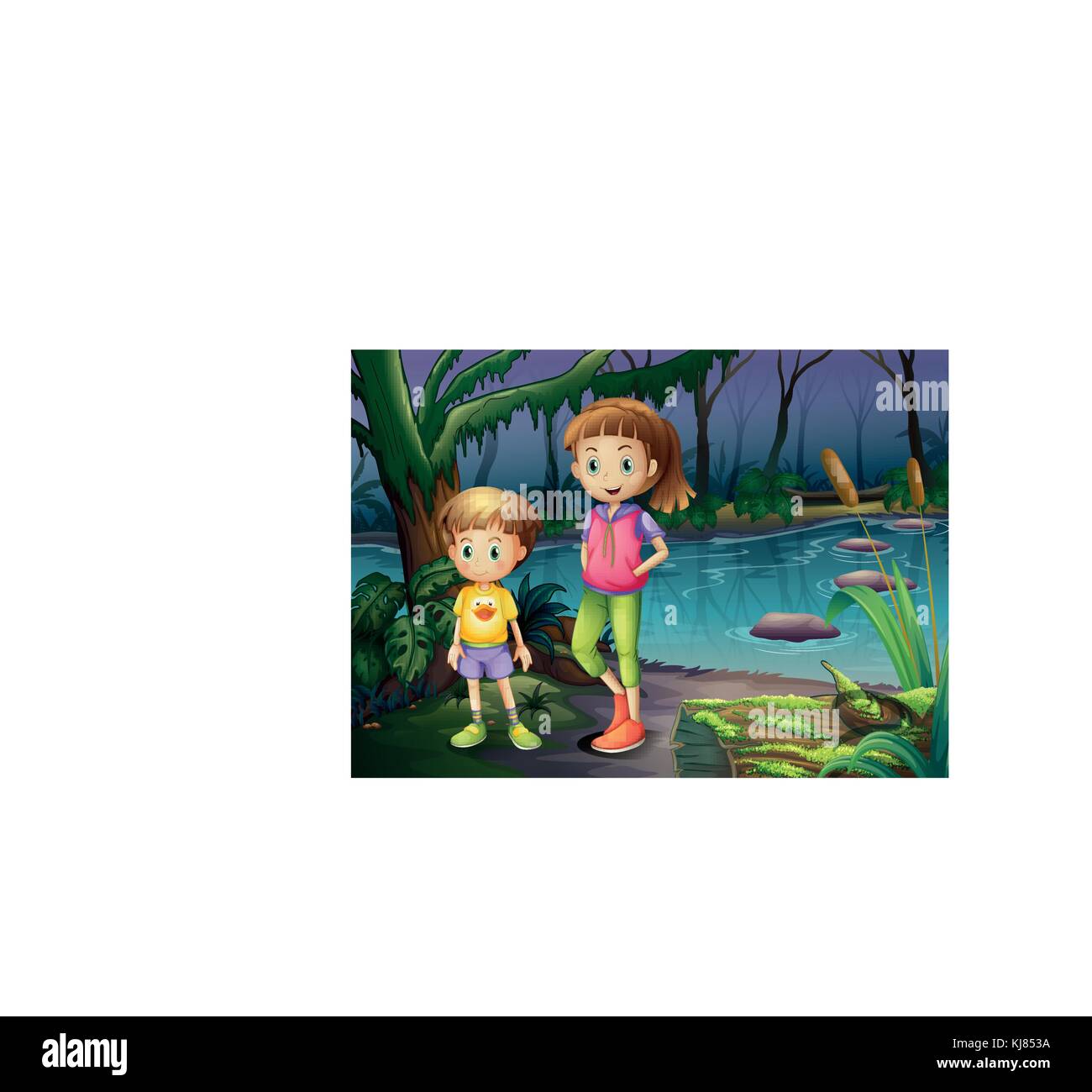 Illustration of a boy and a girl standing in the middle of the forest Stock Vector