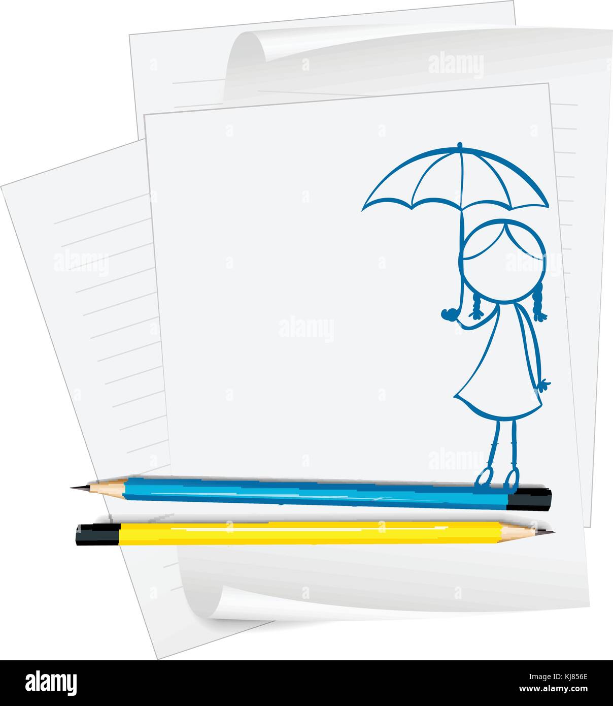 Illustration of a paper with an image of a child holding an umbrella on a white background Stock Vector