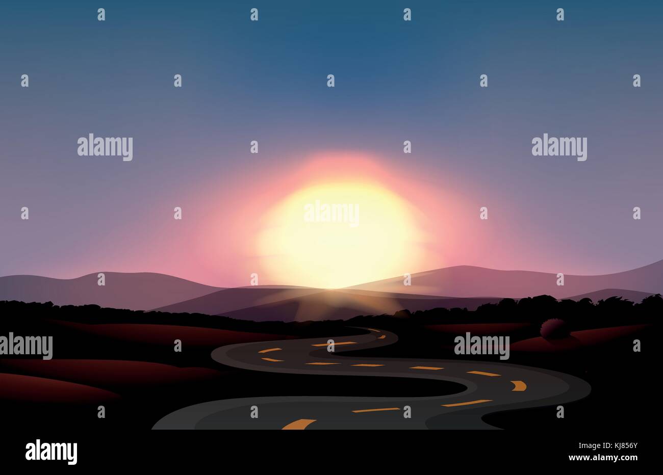 Illustration of a winding road and the sunset Stock Vector Image & Art ...