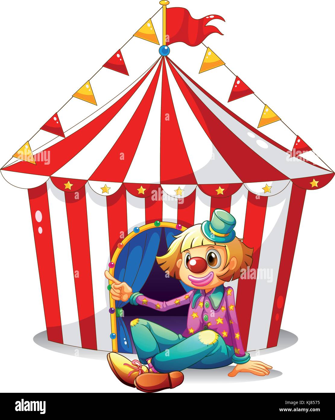 Illustration of a clown sitting in front of a red circus tent on a ...