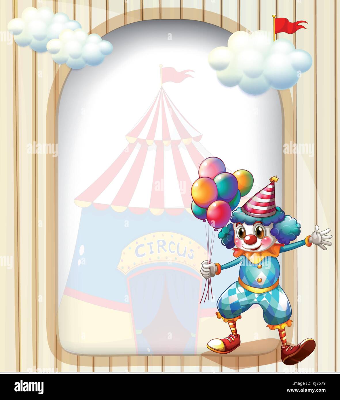 Illustration of a clown with balloons at the entrance of the carnival ...