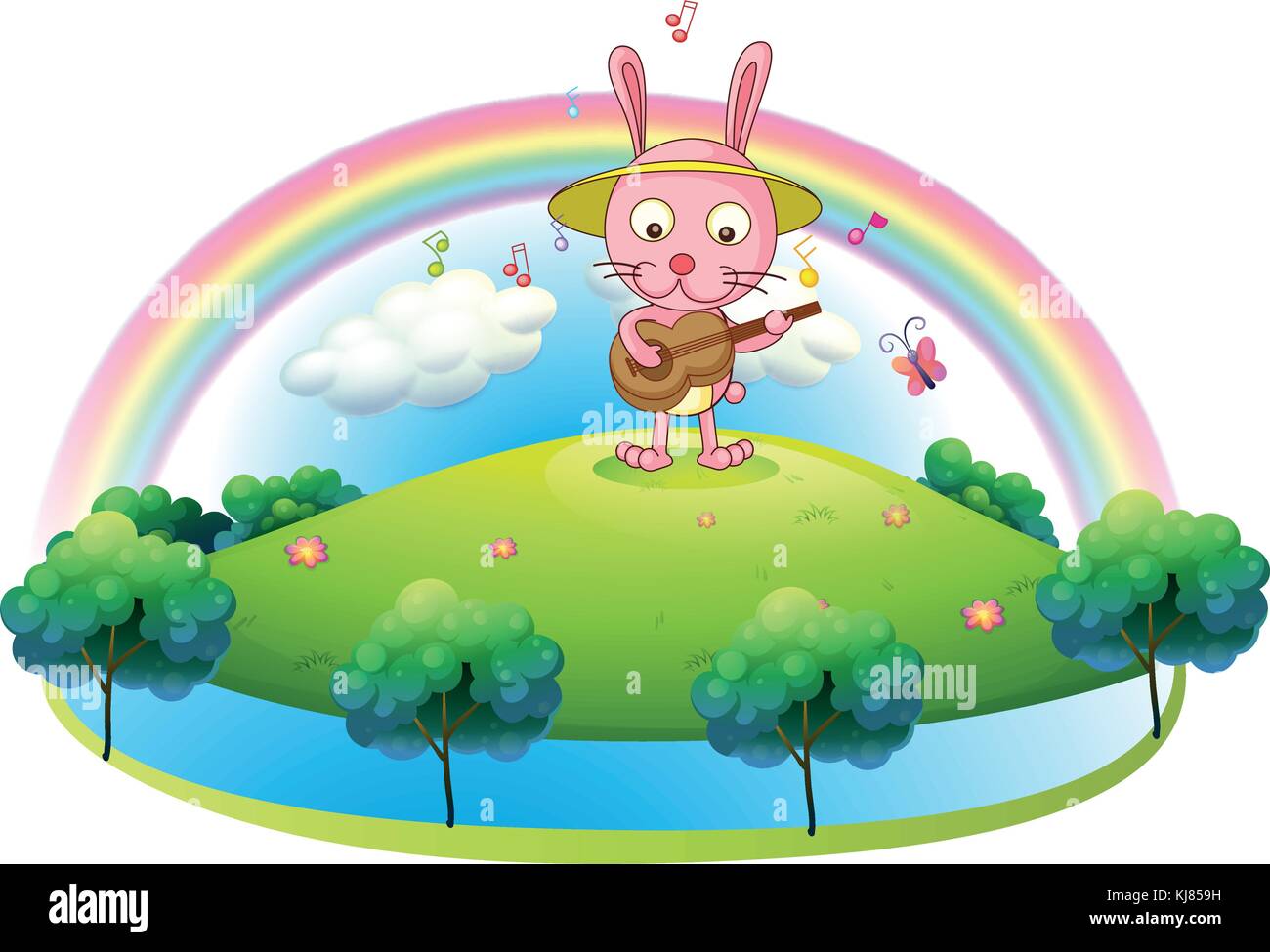 Illustration of a bunny playing with the guitar in the hill on a white ...