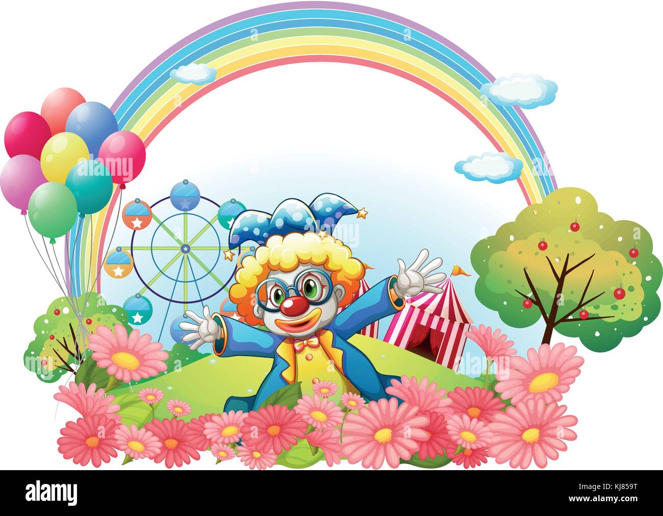 Illustration of a clown in the garden at the hill on a white background Stock Vector