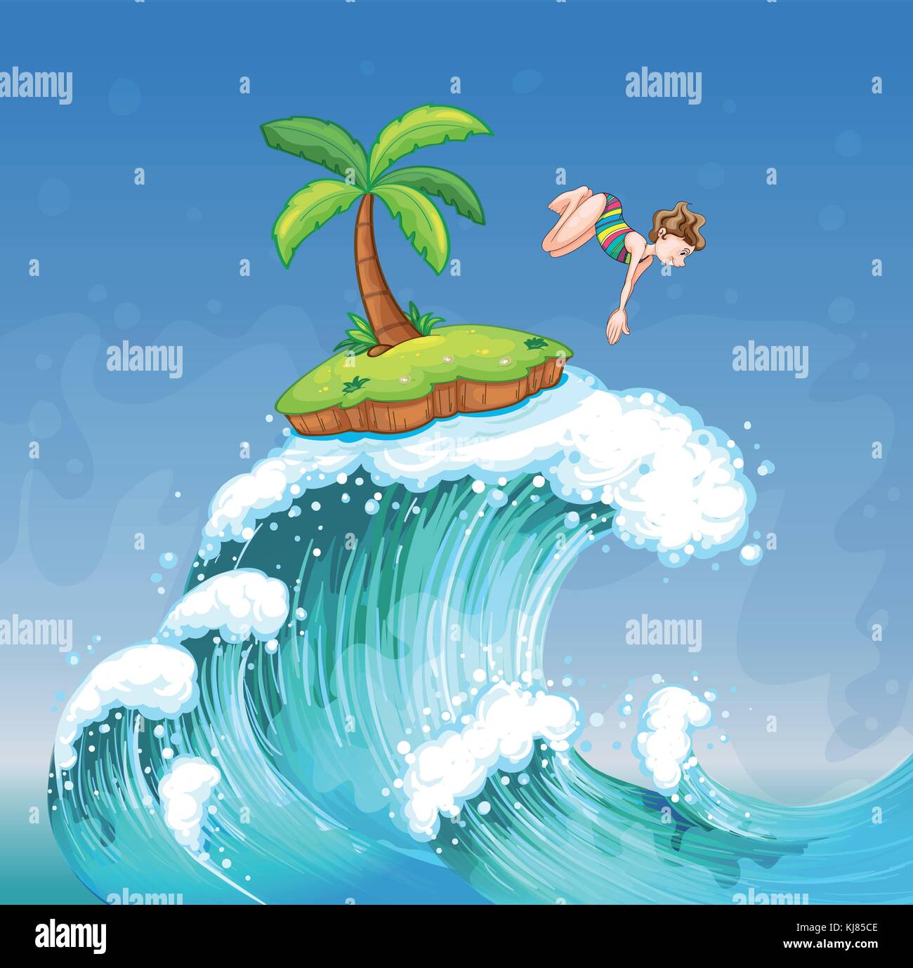 Illustration of a girl diving on the sea with a small island Stock Vector