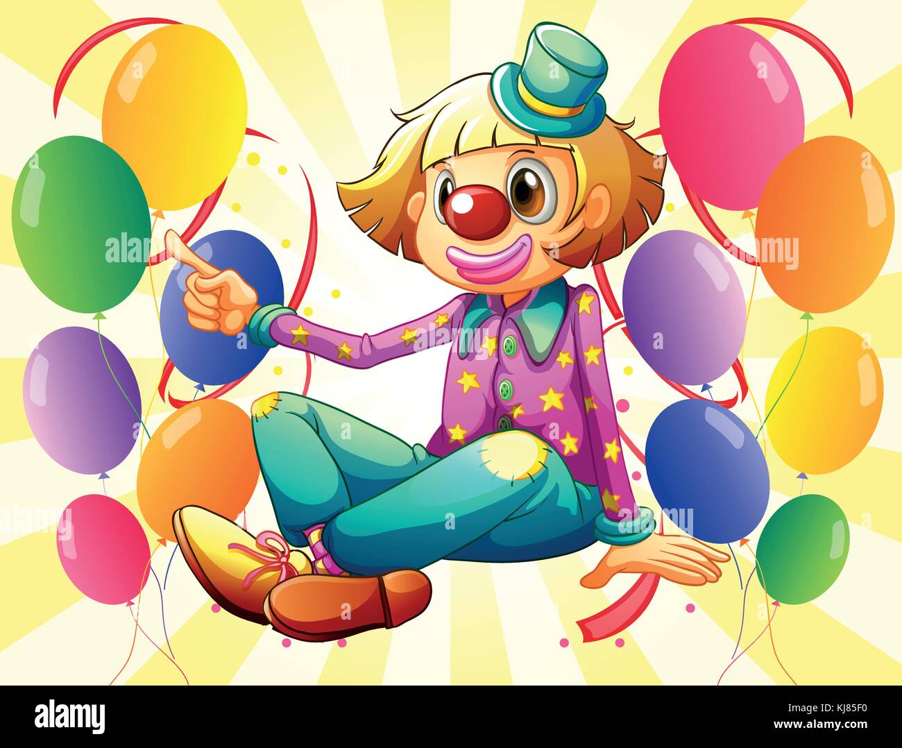 Illustration of a female clown sitting in the middle of the balloons Stock Vector