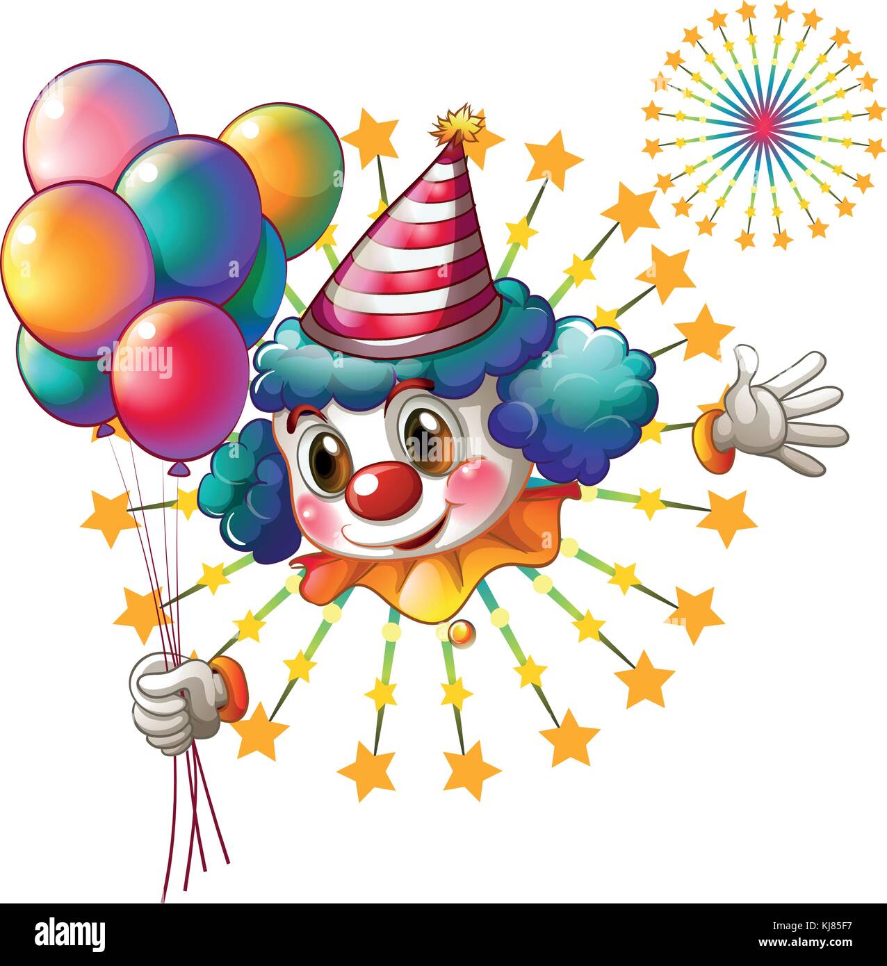 Illustration of a clown with balloons and a firework display on a white ...