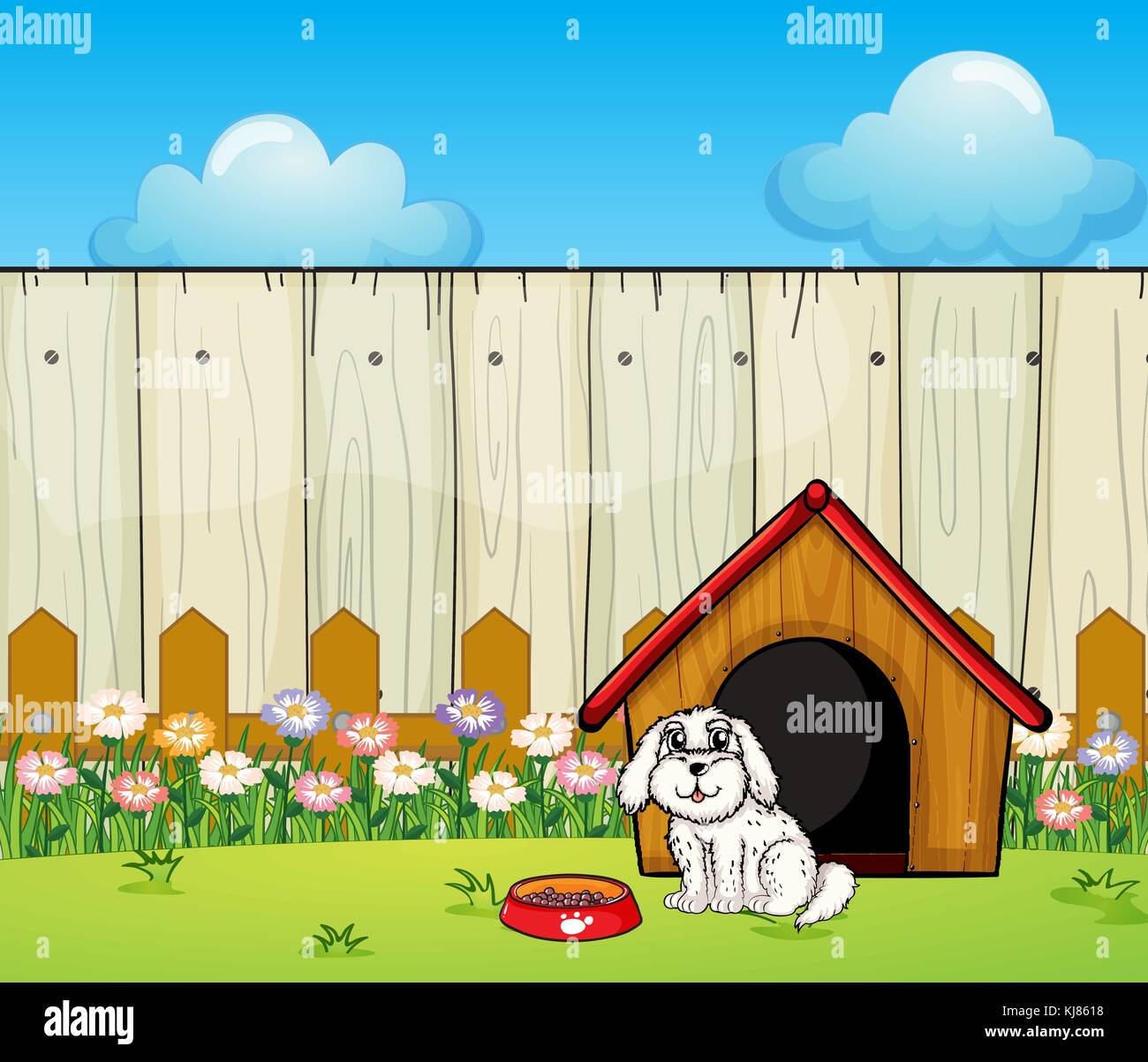 Illustration of a dog and the dog house inside the fence Stock Vector