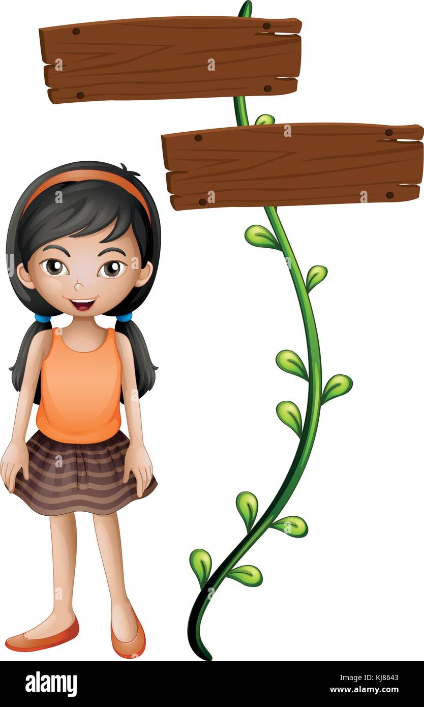 Illustration of a girl standing beside a signboard on a white ...