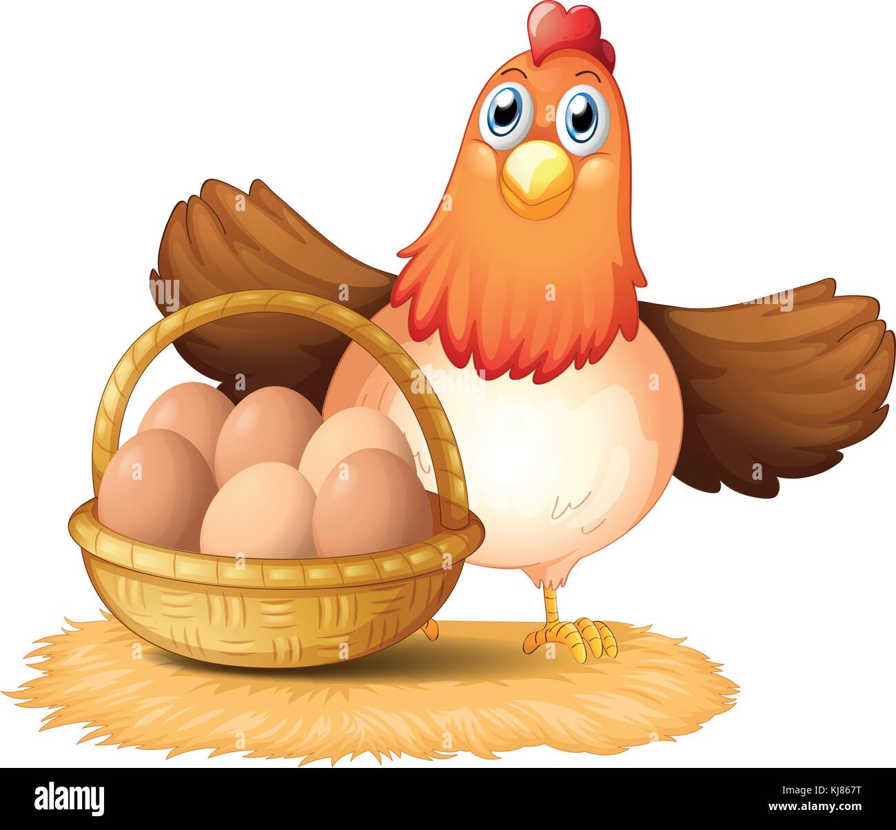 Illustration of a hen and a basket of egg on a white background Stock