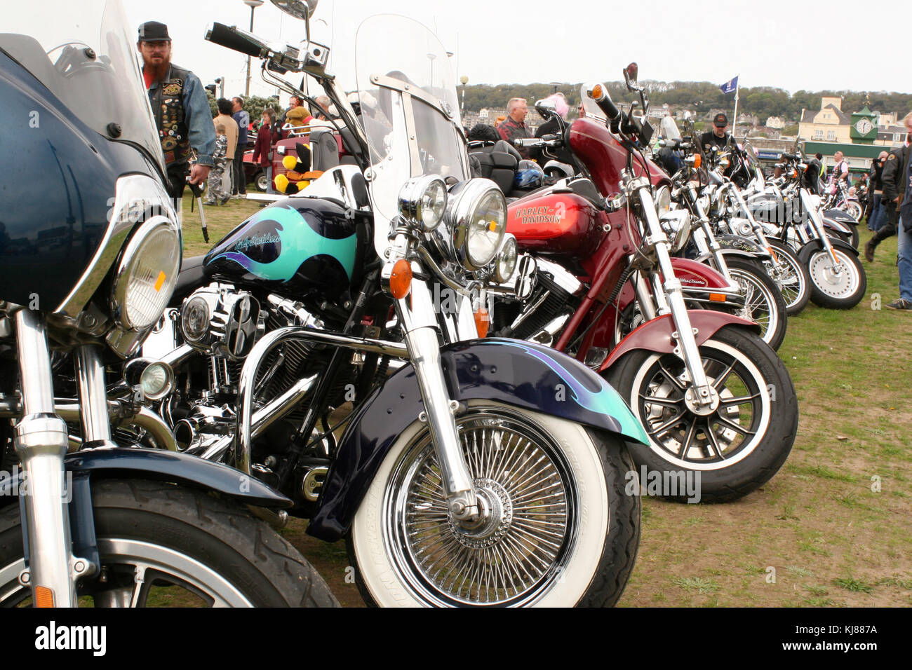 Collection of Harley Davidson motorcycles, on the sea front at Weston
