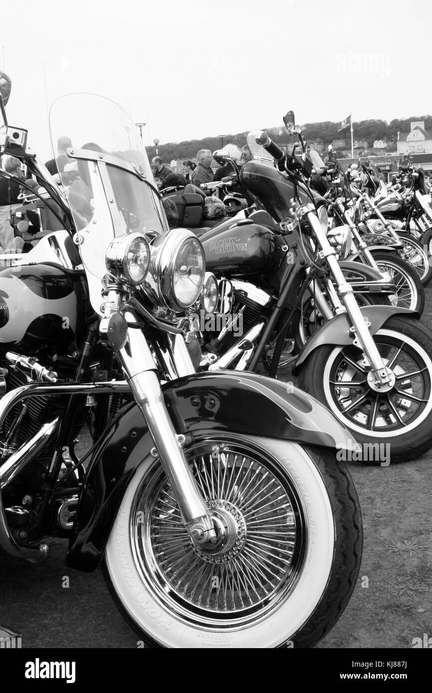 Collection of Harley Davidson motorcycles, on the sea front at Weston super Mare. Stock Photo