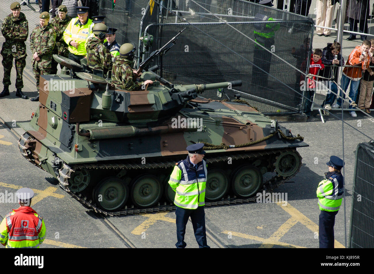 Irish Military Forces Tank parade at the 1916 Easter Rising commemoration on O`Connell Street in Dublin, Ireland Stock Photo