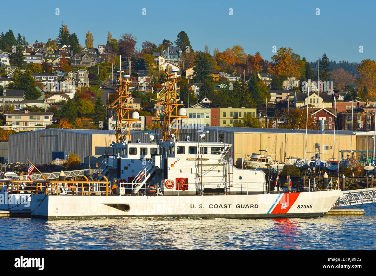 U.S. Coast Guard boat sits in Bellingham Bay just below the city of