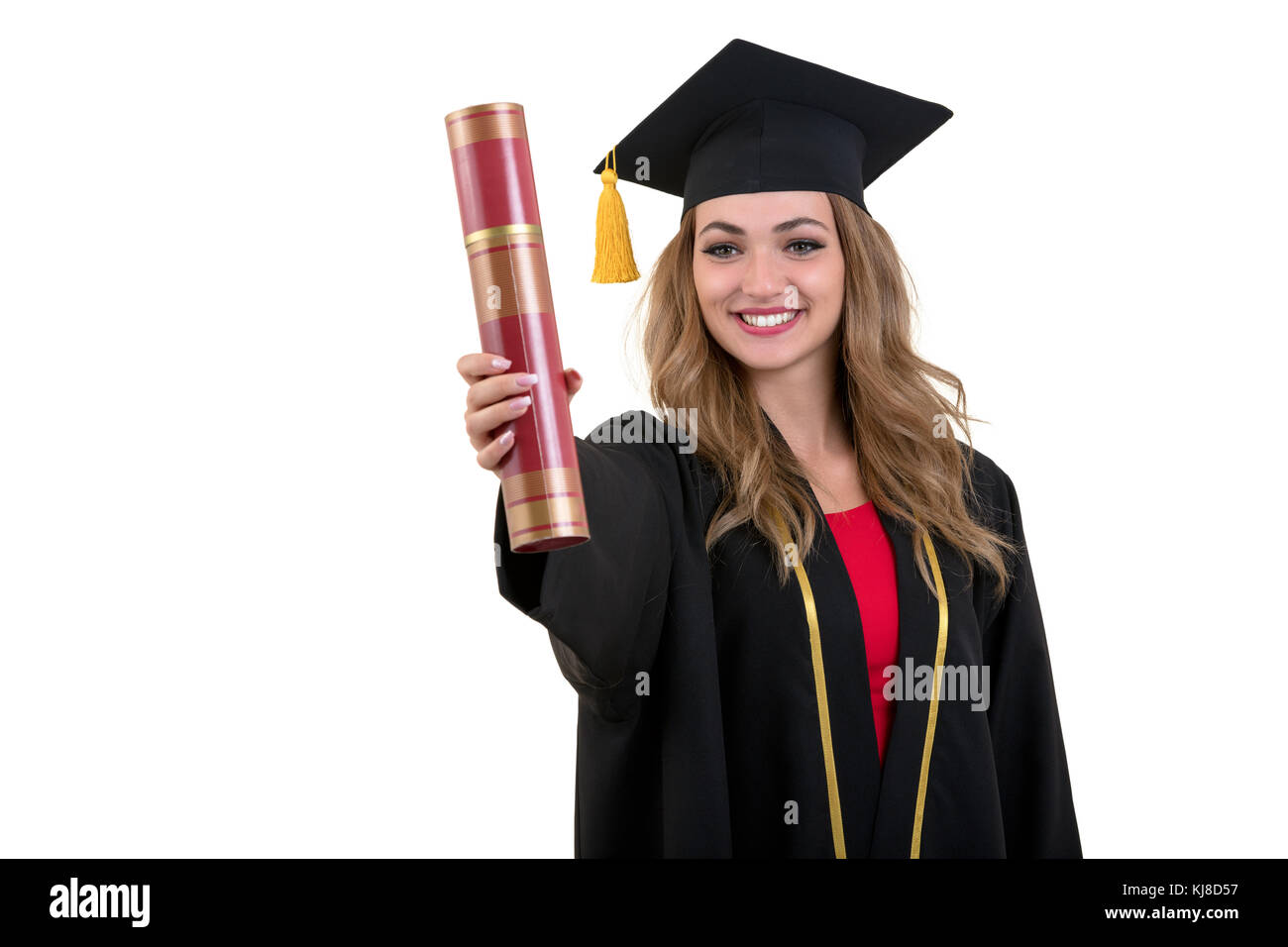 Happy graduate student holding a diploma isolated on white background ...
