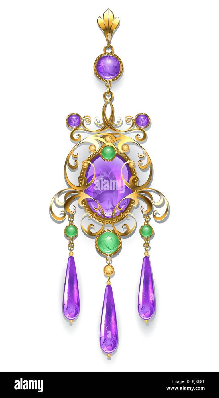 Gold brooch, decorated with amethysts and chrysoprase on a white background. Design of jewelry. Stock Vector