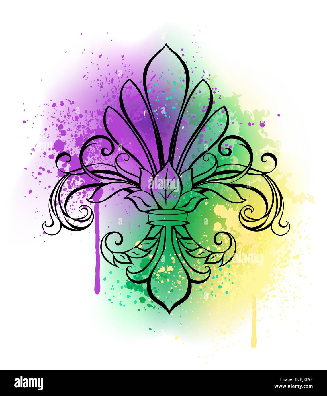 Contour lily on a white background shaded with purple, green and yellow watercolor paint. Painted Fleur-de-lis. Fat Tuesday Stock Vector