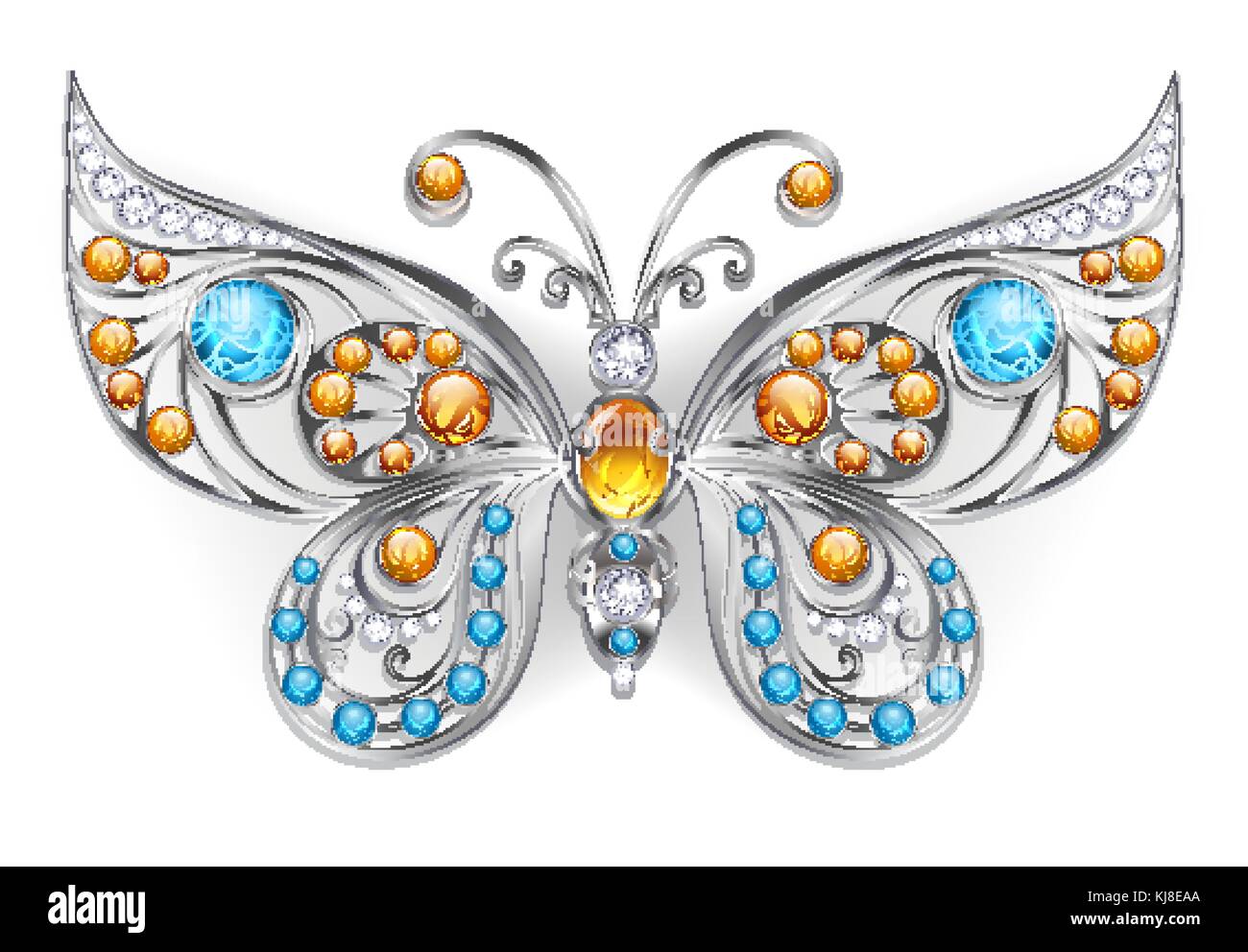 Silver, jewelry butterfly, decorated with amber and larimar on a white background. Design of jewelry. Larimar and Amber Stock Vector