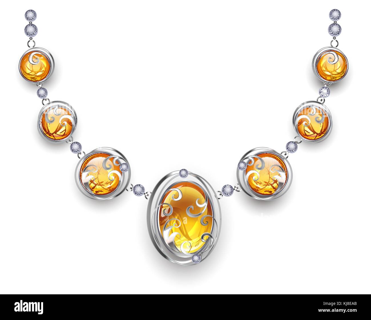 Stylish, silver necklace, decorated with amber and silver beads. Design of jewelry. Necklace with amber. Stock Vector