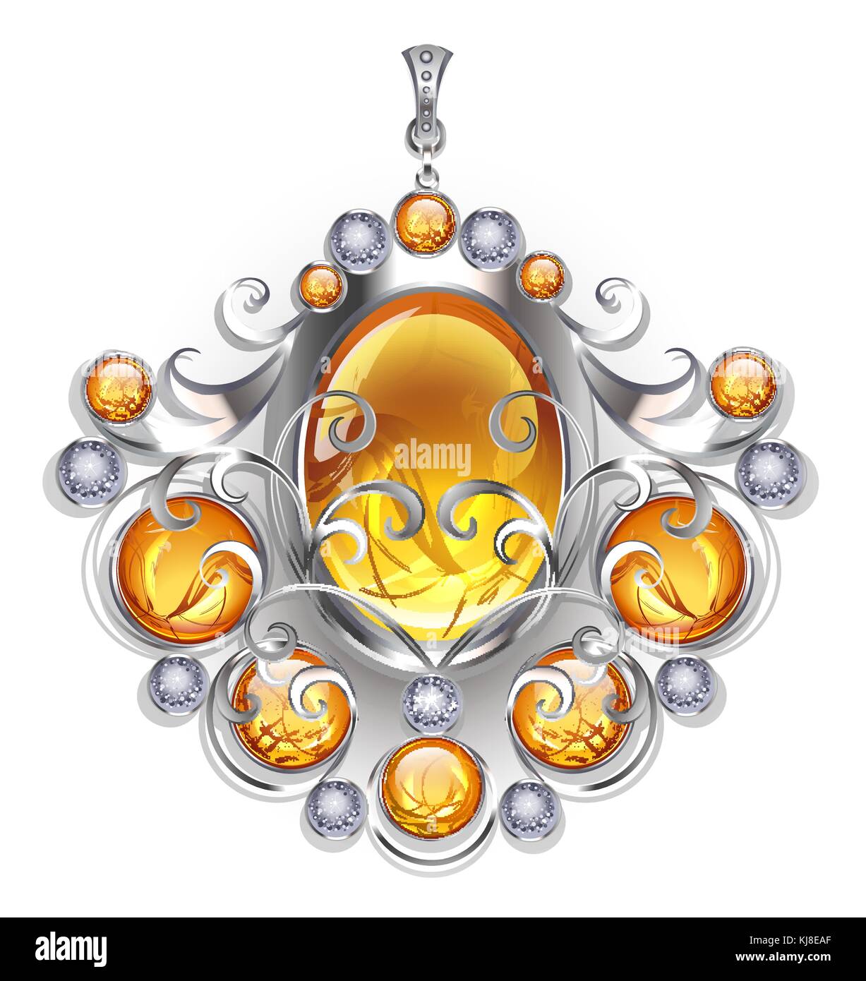 Silver pendant with oval and round amber gemstones on a white background. Design of jewelry. Stock Vector