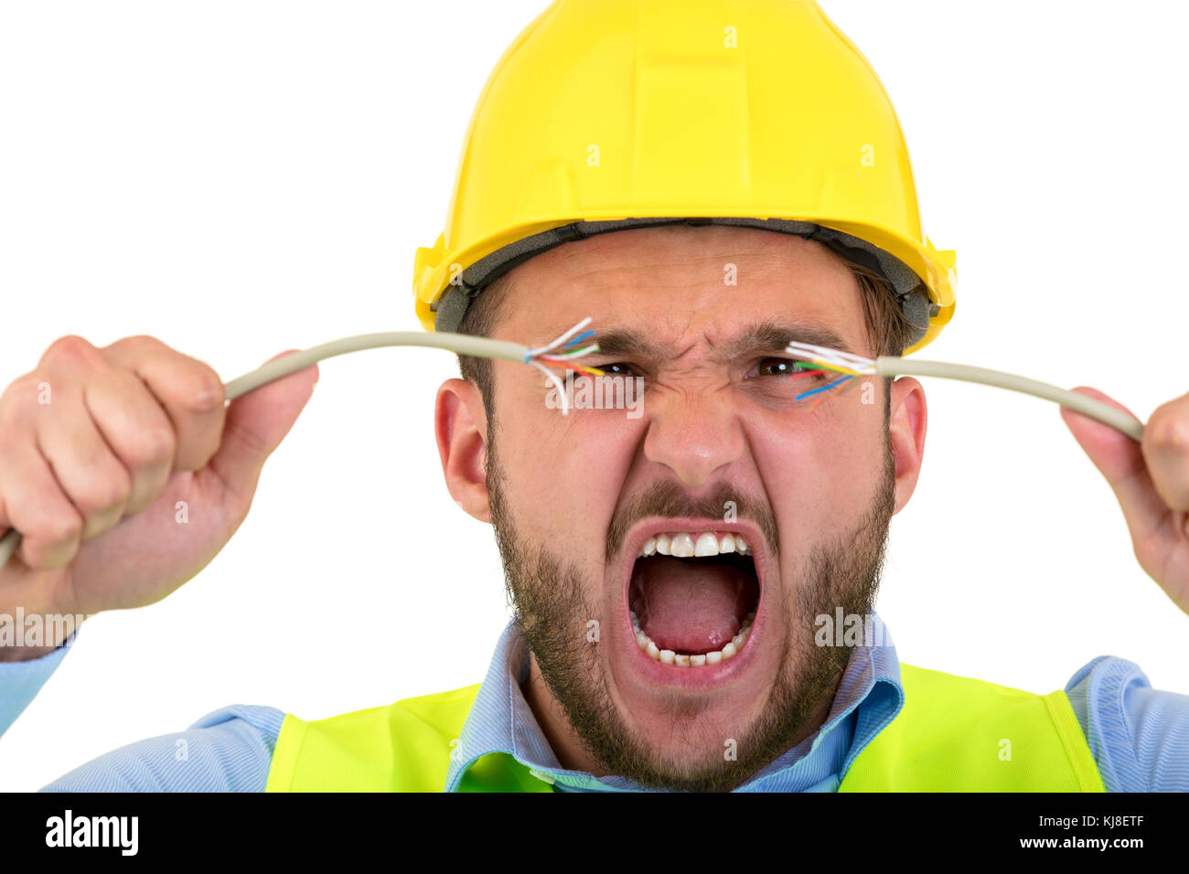 Portrait of crazy electrician over white background Stock Photo Alamy