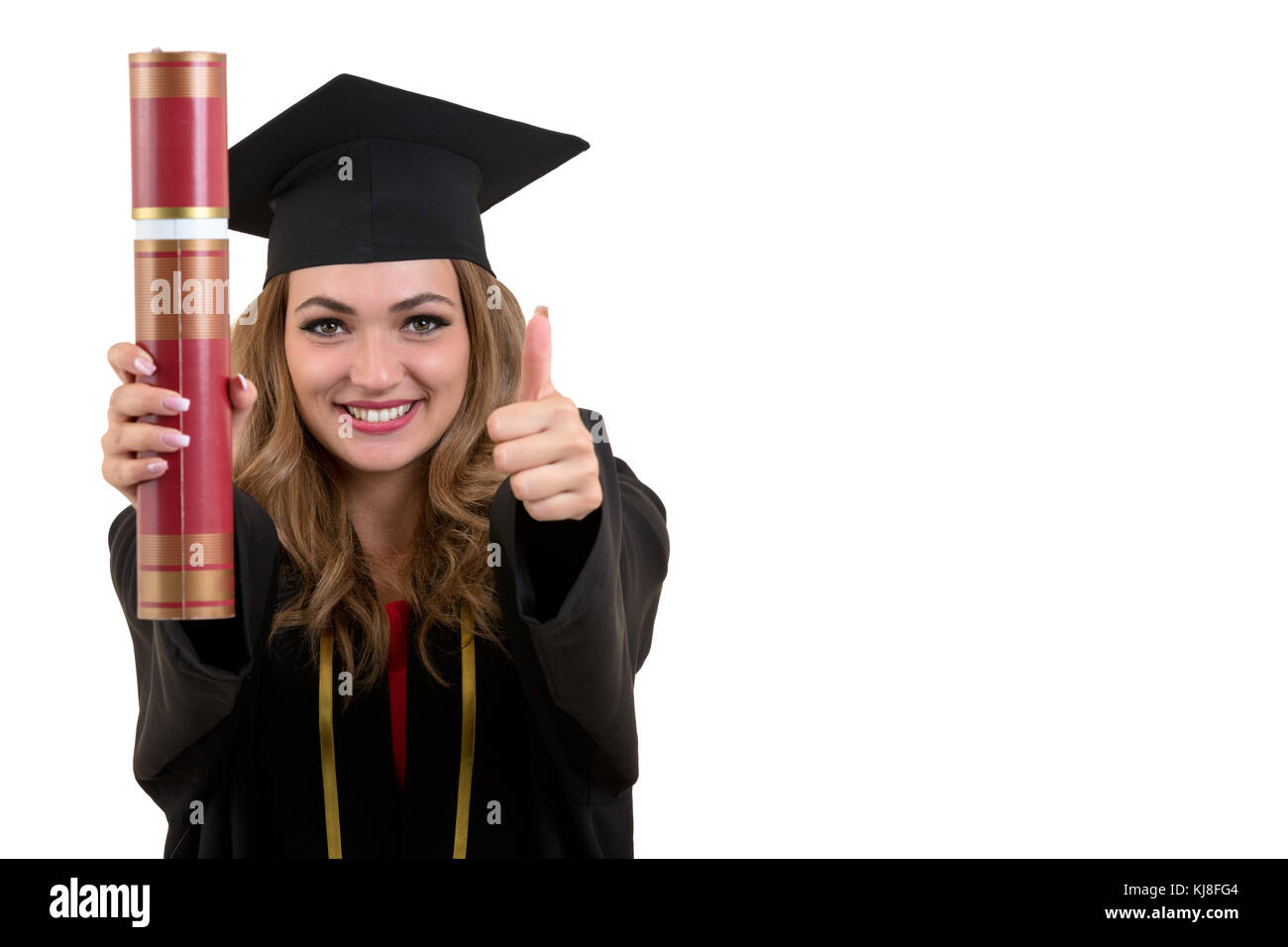 Happy graduate student holding a diploma isolated on white background ...