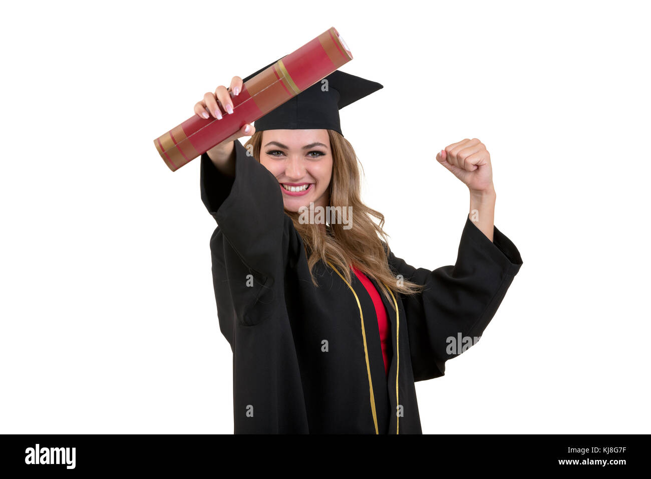 Happy graduate student holding a diploma isolated on white background ...