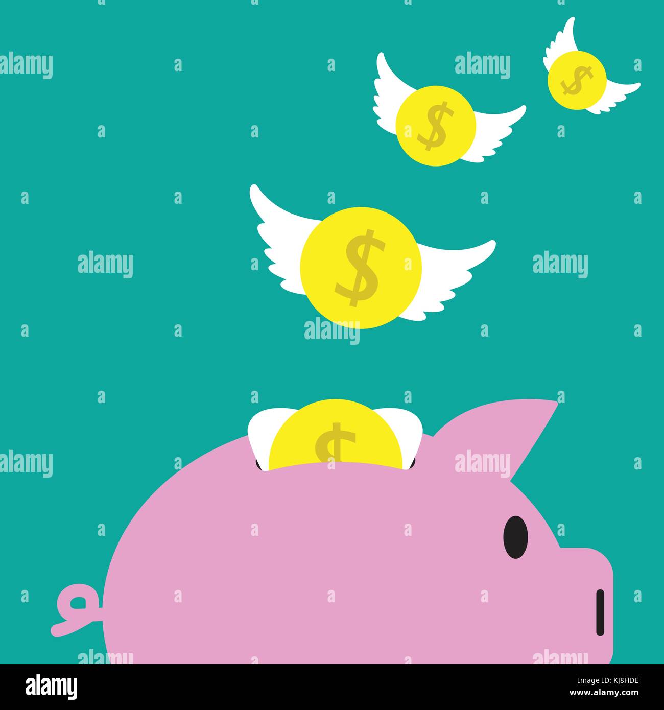 Vector Illustration Business Concept Designed As Coins With White Wings Are Flying Away From A Pink Piggy Bank. It Means Income, Revenue Runs Out. Stock Vector