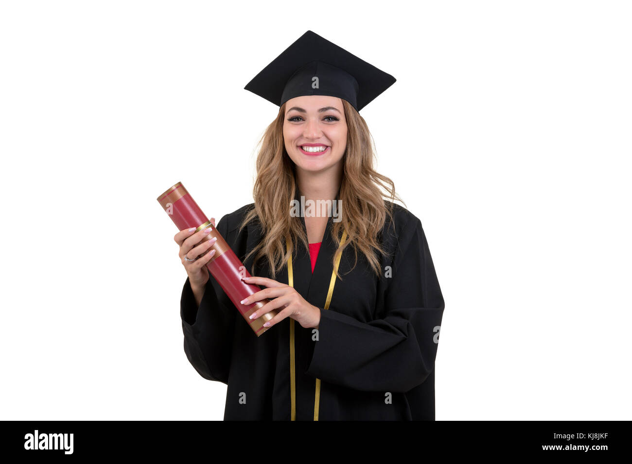 Happy graduate student holding a diploma isolated on white background ...
