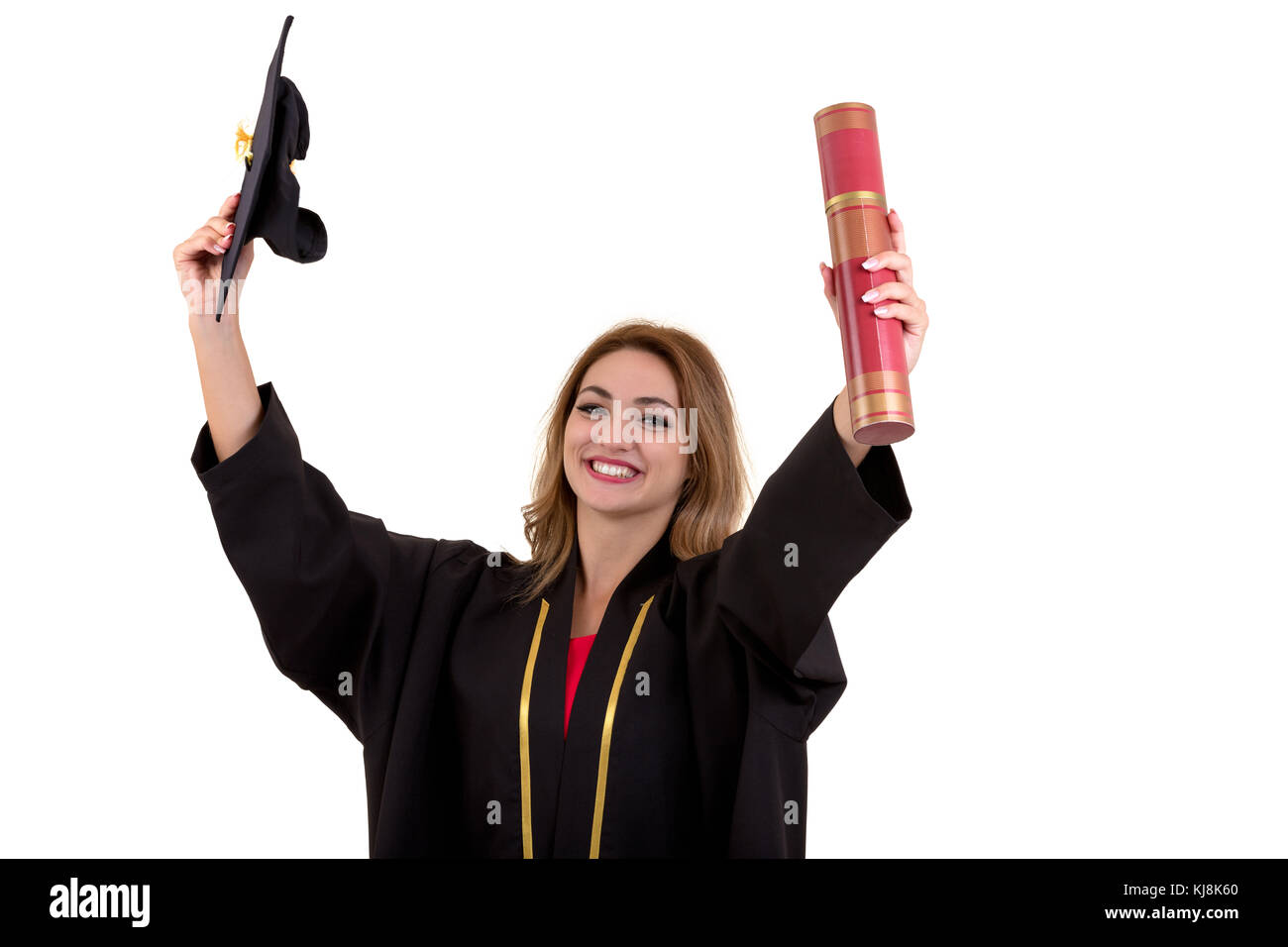 Happy graduate student holding a diploma isolated on white background ...