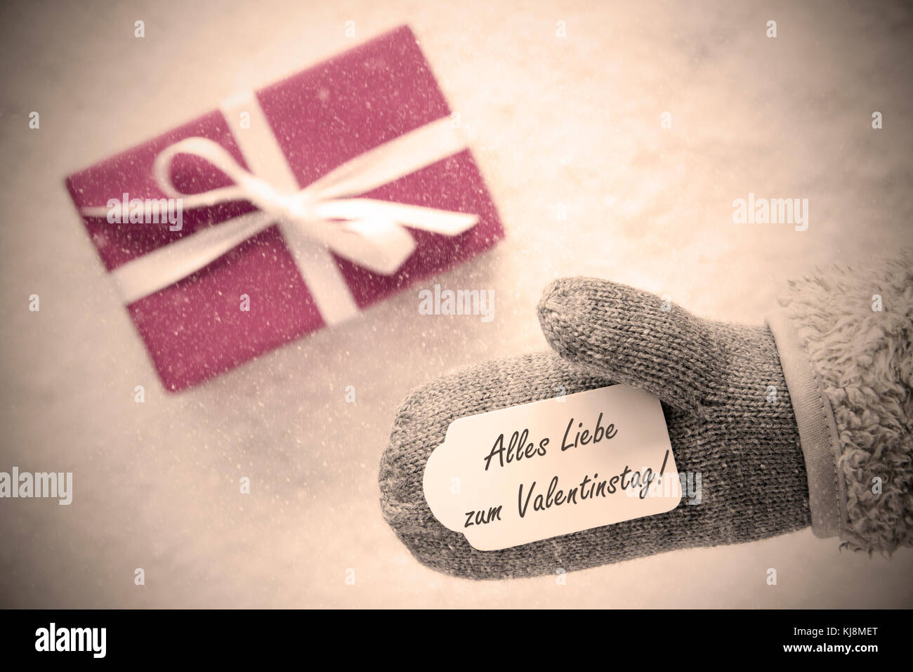 Pink Gift, Glove, Valentinstag Means Happy Valentines Day, Instagram Filter Stock Photo