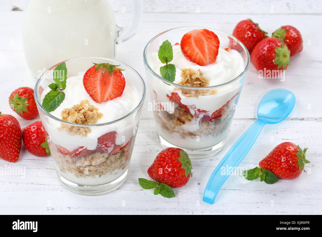 Strawberry yogurt yoghurt strawberries fruits cup muesli spoon breakfast food Stock Photo
