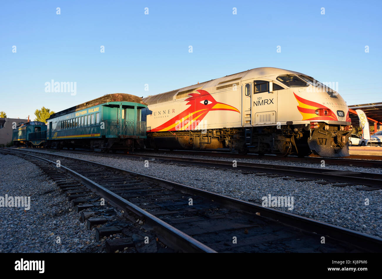 Santa Fe Railroad Station, Rail Runner passenger train, Santa Fe, New Mexico Stock Photo