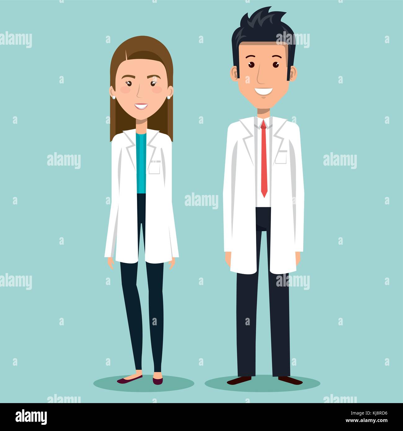Brunette woman and man doctors over blue background vector illsutration ...