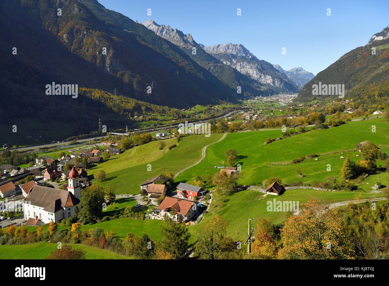 Urner Reusstal valley with river Reuss, in the rear Erstfeld, Silenen, canton Uri, Switzerland Stock Photo