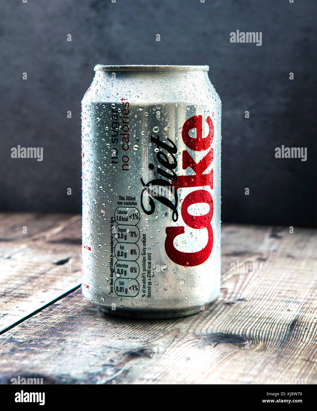 SWINDON, UK - NOVEMBER 21 2017: Can of Diet COKE (Coca-Cola) on a rustic background Stock Photo