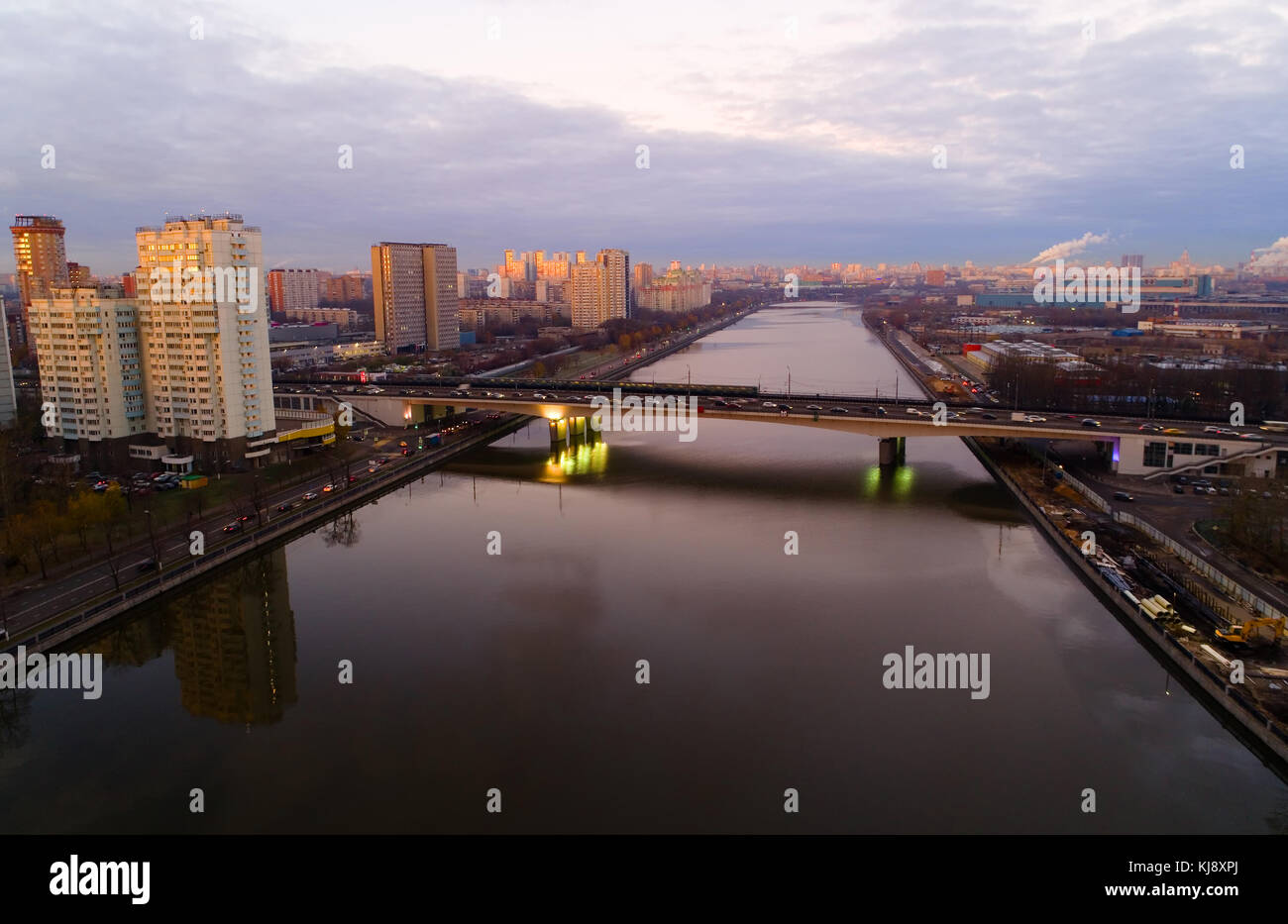 Moscow at dawn. A bridge over the Moskva River on the Andropov Avenue. Stock Photo