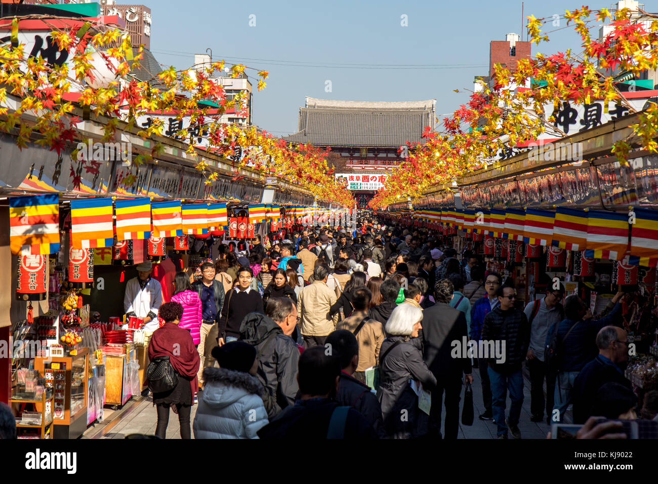 JAPAN, TOKYO, NOV 18 2016, Nakamise Dori shopping street way to Asakusa Sensoji-ji Temple, Tokyo, Japan. People at Traditional Japanese market. Stock Photo