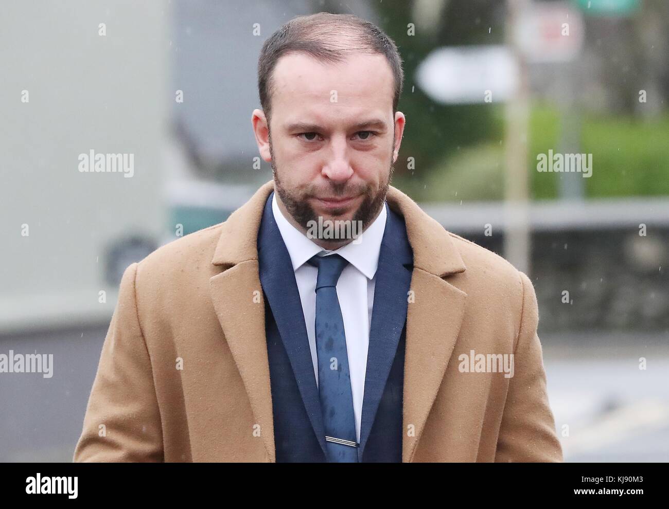 Davitt Walsh, who swam out into the harbour in an effort to save six occupants of an Audi Q7 that plunged off a pier, arrives at the Lake of Shadows Hotel in Buncrana, Co Donegal, where an inquest into the deaths of five of the family members is taking place. Stock Photo