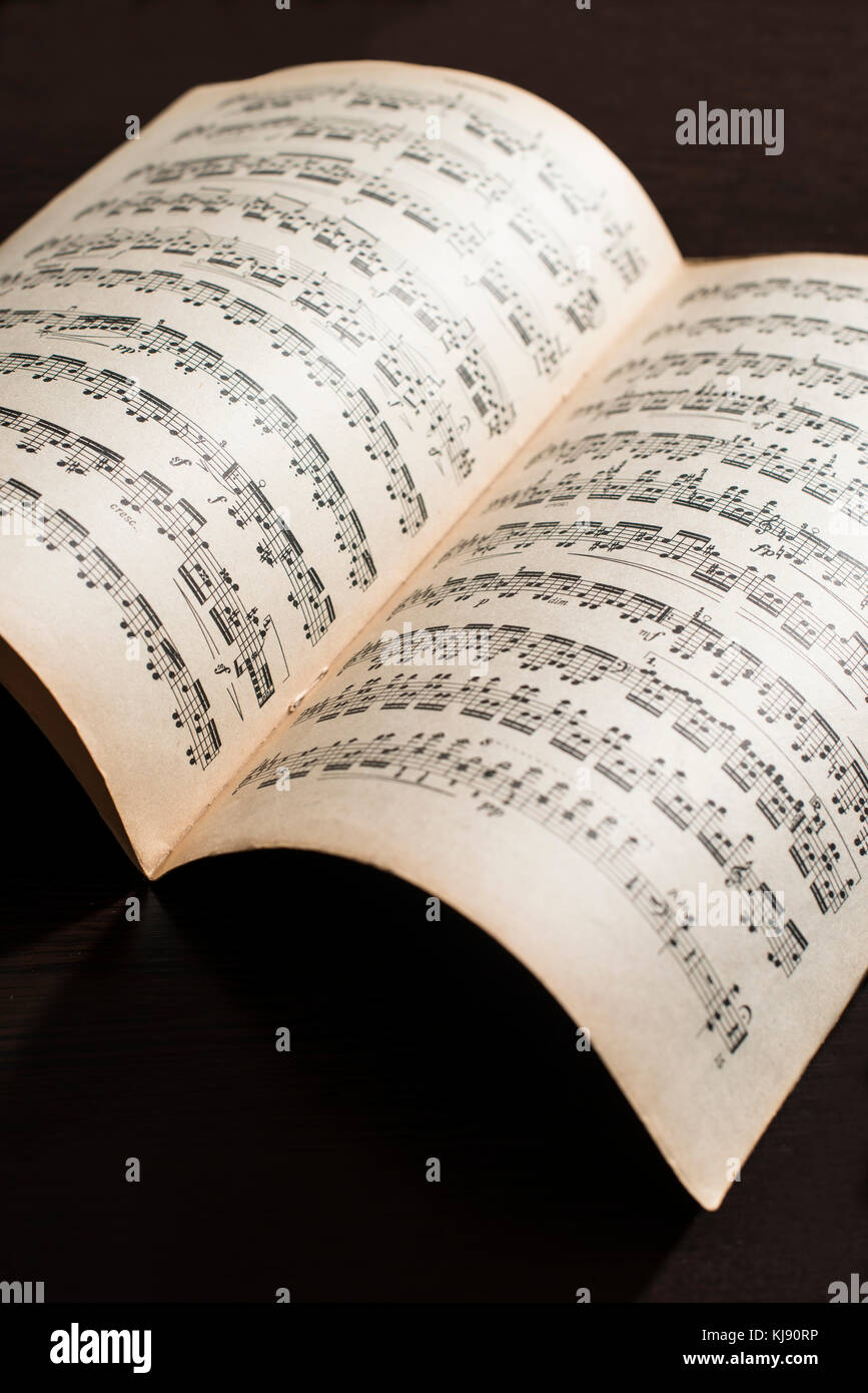 Music notation book. Page with music notes. Vinatge pages Stock Photo
